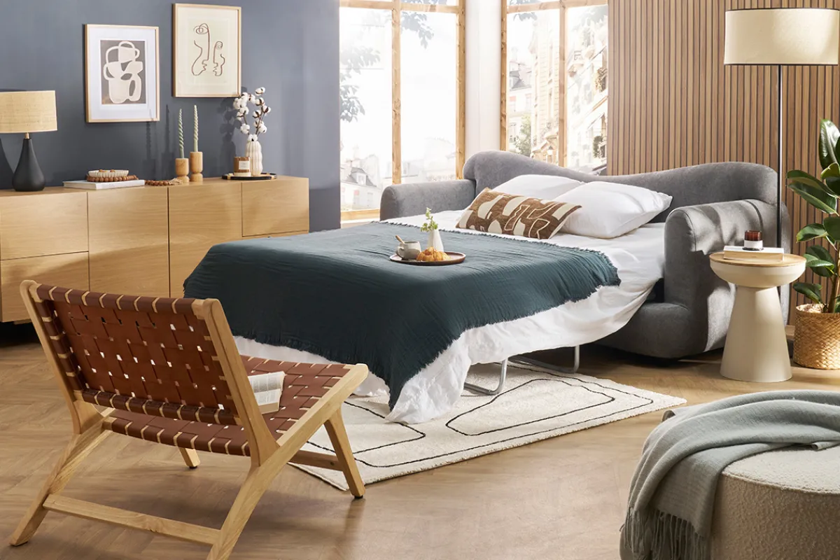 Miliboo Schlafsofa 3-4 Sitzer in grauem Stoff mit Samteffekt und abziehbarem Bezug SACHA* Schlafsofas