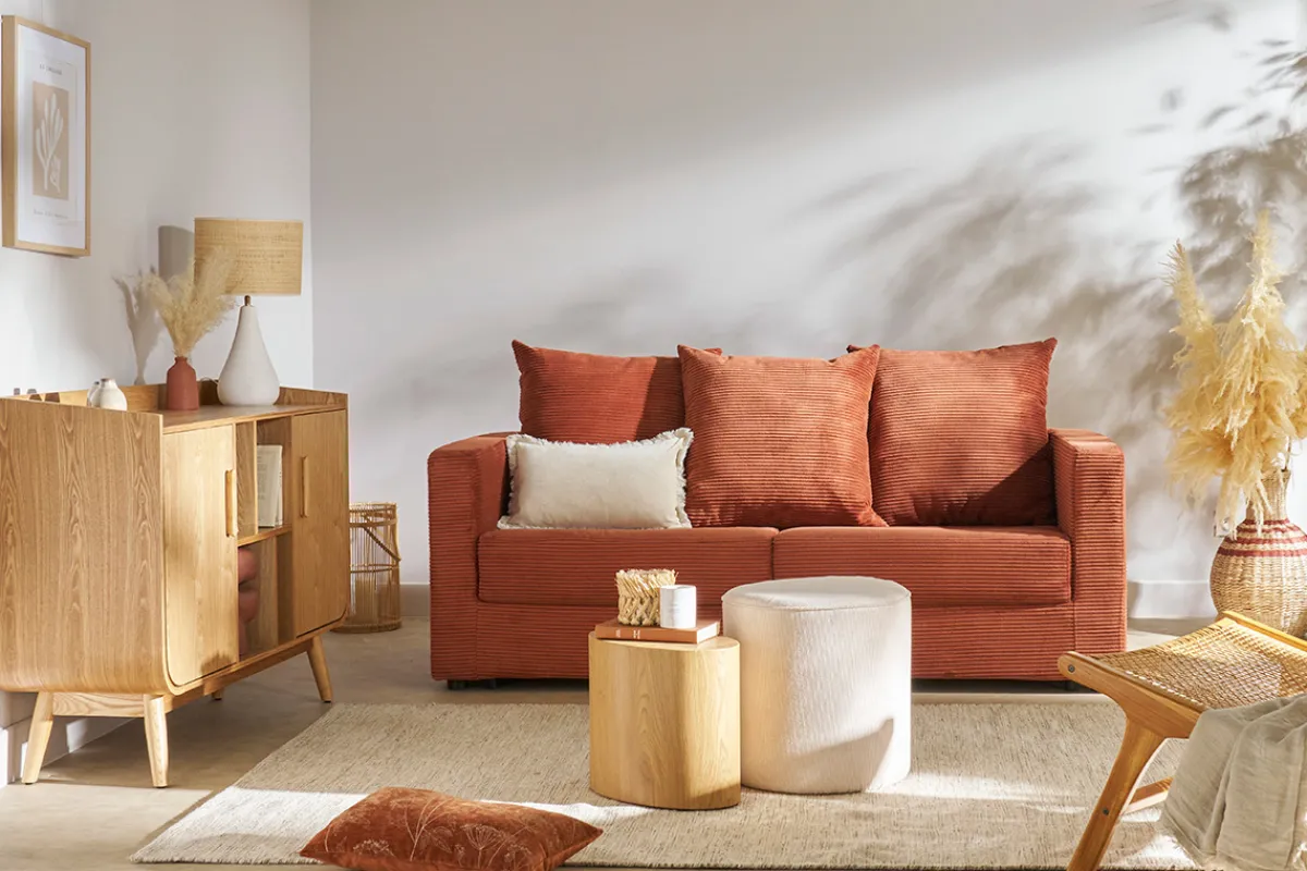 Miliboo Schlafsofa 3-Sitzer mit Cordstoff in Terracotta mit Matratze 13cm BACIO* Schlafsofas