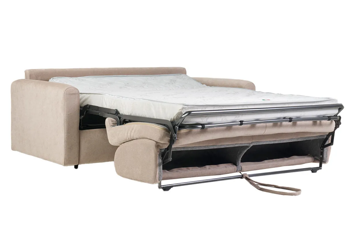 Miliboo Schlafsofa 3-Sitzer mit Stoffbezug in Samtoptik Beige Matratze 13cm LETTO* Schlafsofas
