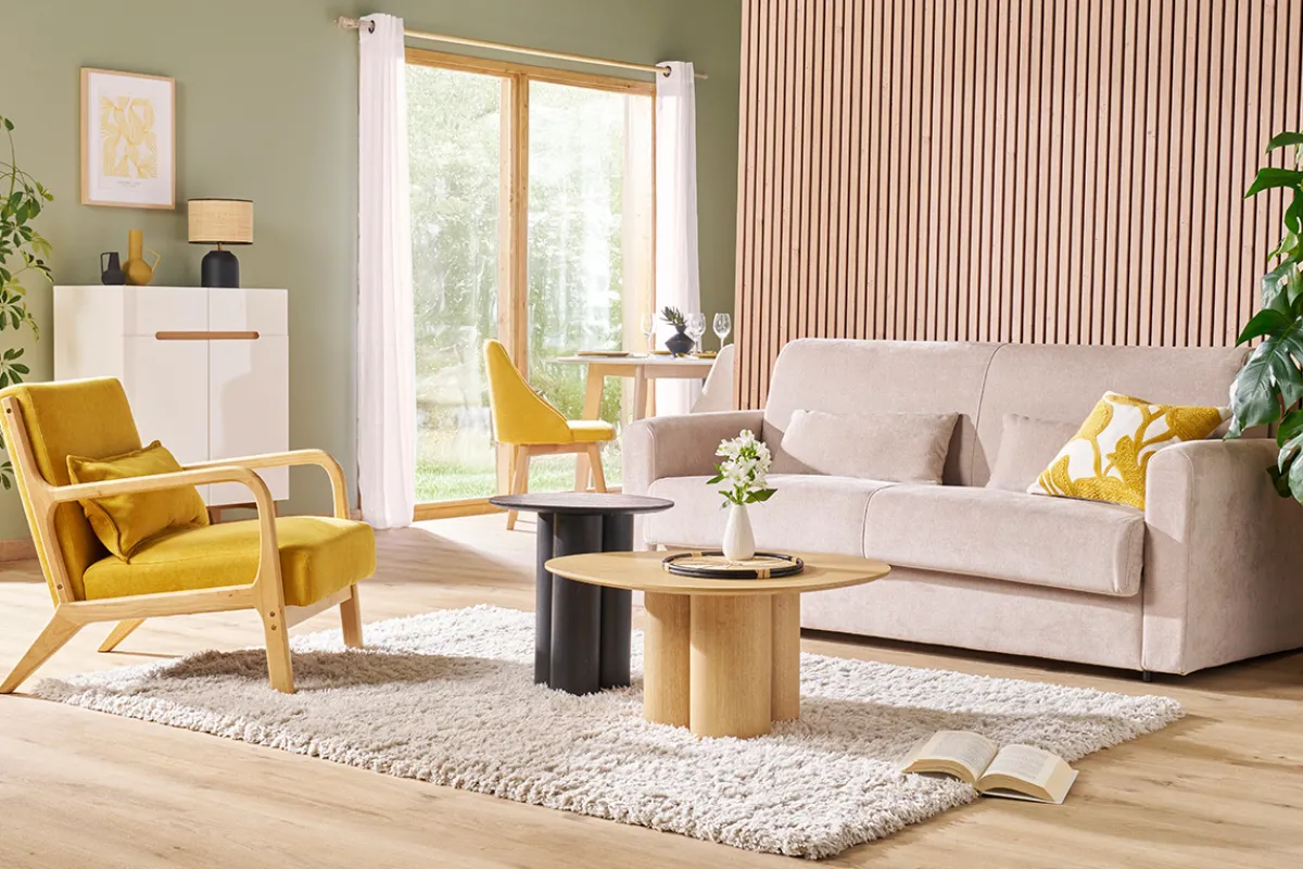 Miliboo Schlafsofa 3-Sitzer mit Stoffbezug in Samtoptik Beige Matratze 13cm LETTO* Schlafsofas