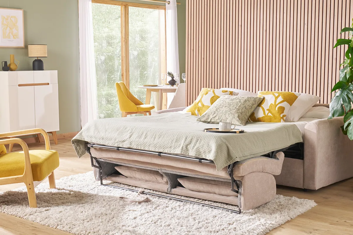 Miliboo Schlafsofa 3-Sitzer mit Stoffbezug in Samtoptik Beige Matratze 13cm LETTO* Schlafsofas