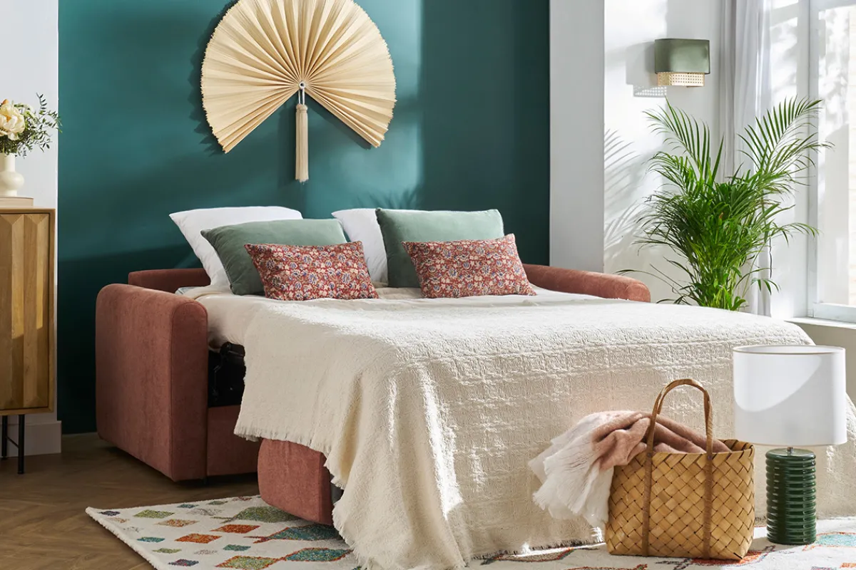 Miliboo Schlafsofa 3-Sitzer mit Stoffbezug in Samtoptik Terracotta Matratze 13cm LETTO* Schlafsofas