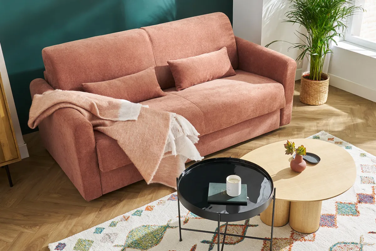 Miliboo Schlafsofa 3-Sitzer mit Stoffbezug in Samtoptik Terracotta Matratze 13cm LETTO* Schlafsofas