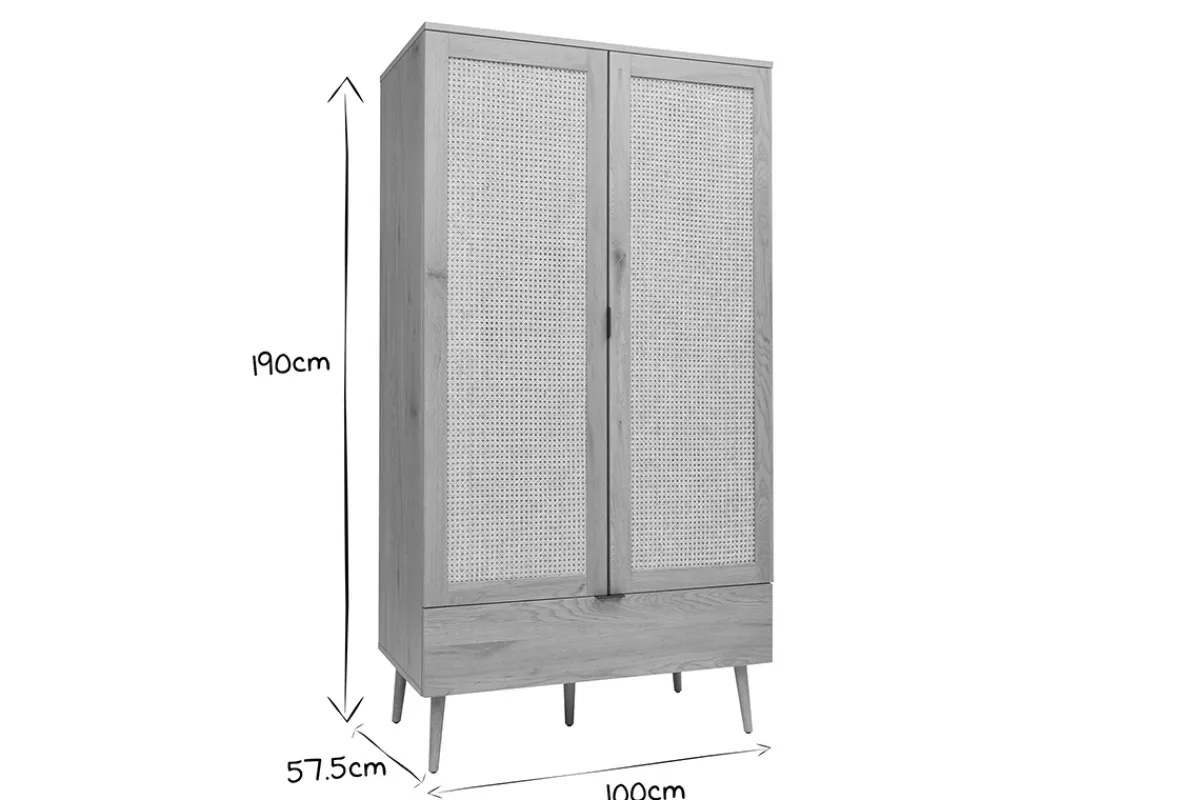 Miliboo Schrank in heller Holzoptik, Rattan und schwarzem Metall H190 cm MANILLE* Schränke