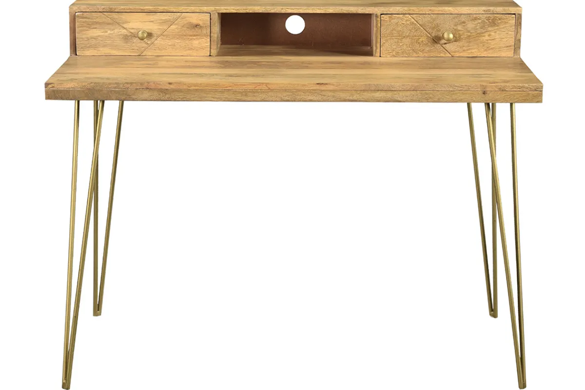 Miliboo Schreibtisch aus massivem, eingraviertem Mangoholz und vergoldetem Metall B115 cm LINIUM* Design-schreibtische