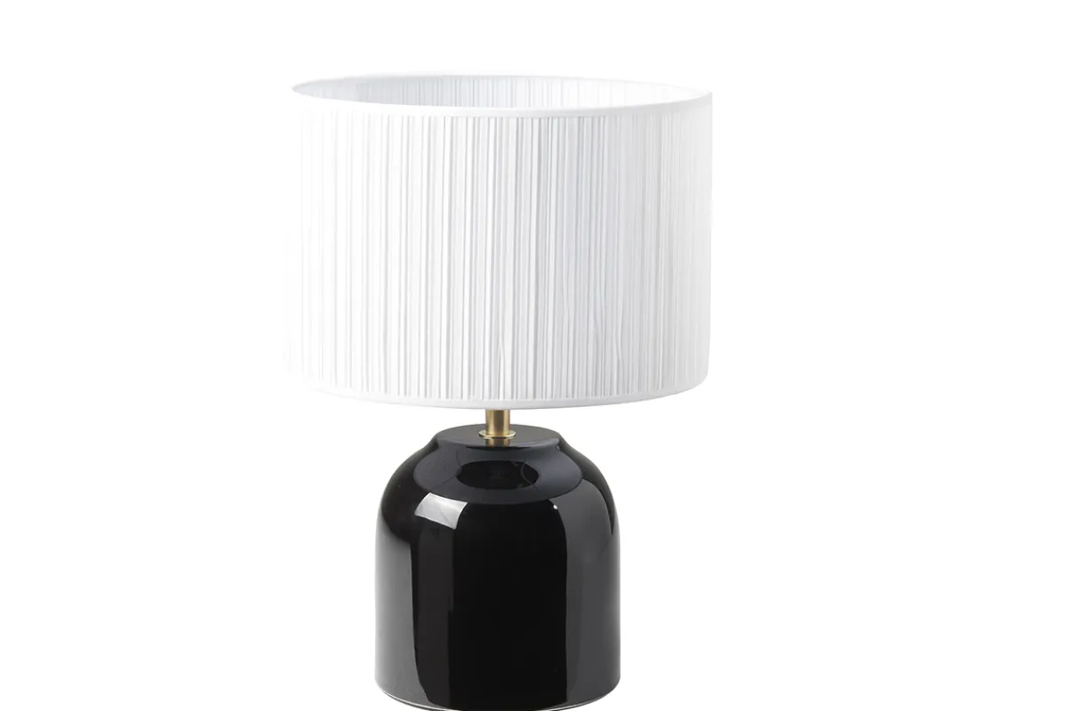 Miliboo Schwarze Tischlampe aus glänzender Keramik und Lampenschirm aus weißem Plissee-Stoff H35 cm PIEGA* Tischlampe|Tischlampe
