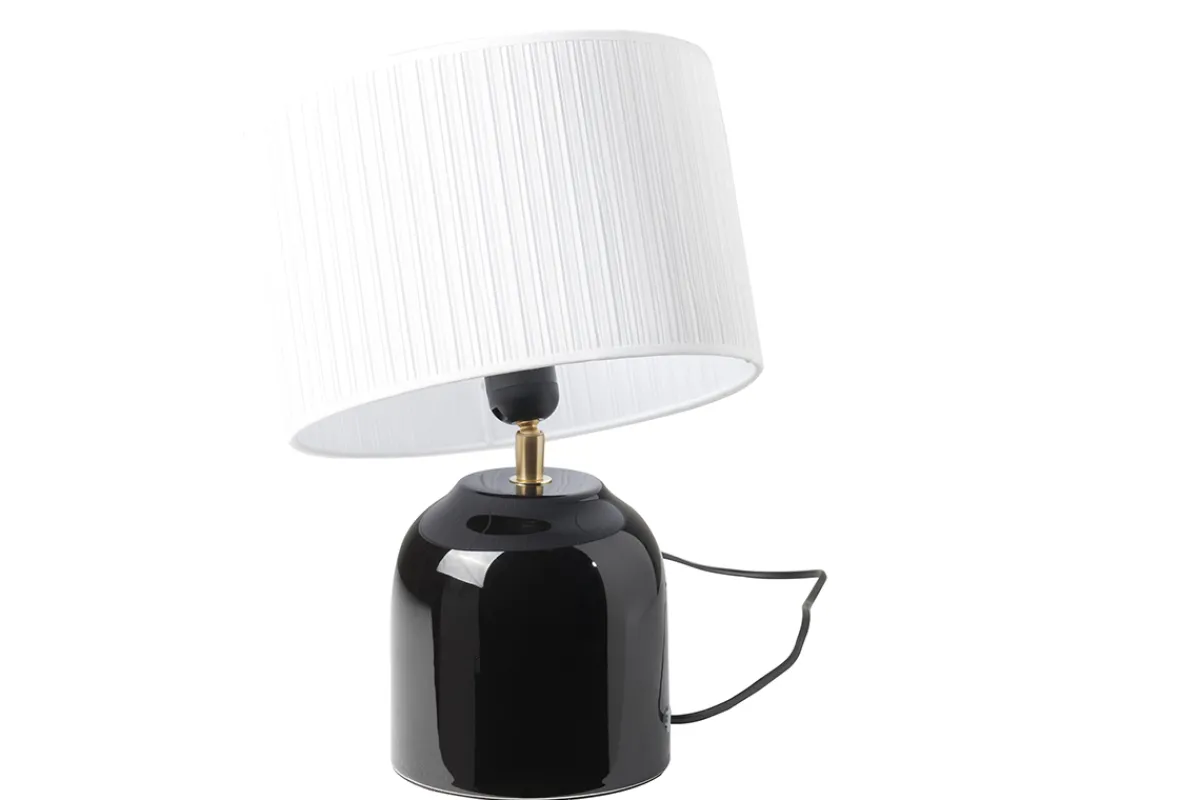 Miliboo Schwarze Tischlampe aus glänzender Keramik und Lampenschirm aus weißem Plissee-Stoff H35 cm PIEGA* Tischlampe|Tischlampe