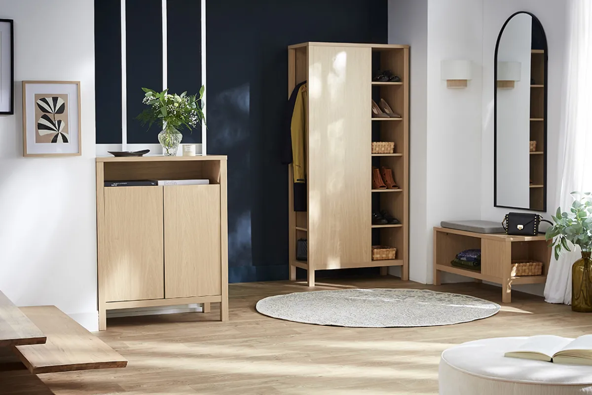 Miliboo Sitzbank in Eiche mit Kissen und offener Nische B100 cm GUMBY* Holzstühle|Bänke