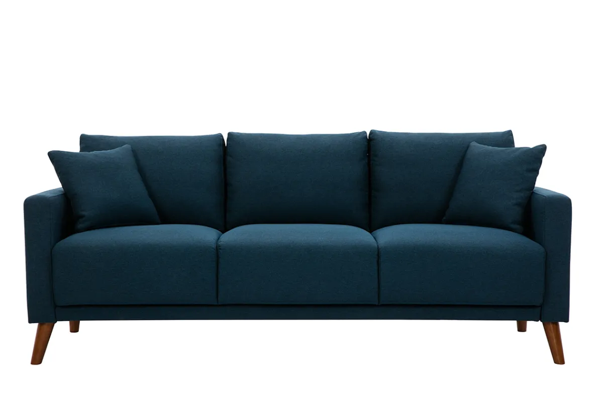 Miliboo 3-Sitzer-Sofa mit dunkelblauem Stoff und dunklem Holz MUNIK* Design-sofas