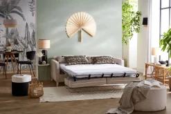 Miliboo Skandinavische Schlafcouch aus anthrazitgrauem Stoff und hellem Holz mit Matratze Dicke 10cm 3-Sitzer PAPEL* Schlafsofas