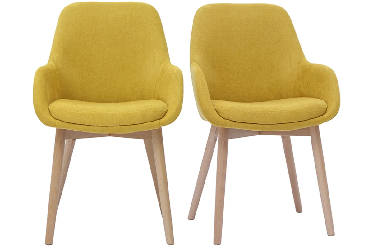 Miliboo Skandinavische Stühle aus senfgelbem Stoff mit Samteffekt und helles Massivholz (2er-Set) HOLO* Design-stühle
