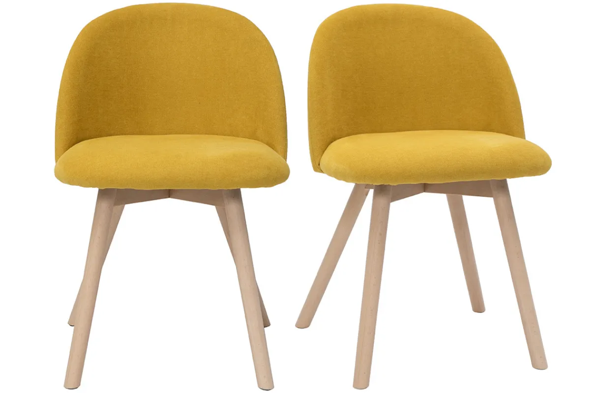 Miliboo Skandinavische Stühle mit senfgelben Stoff mit Samteffekt und massivem Buchenholz (2er-Set) CELESTE* Design-stühle
