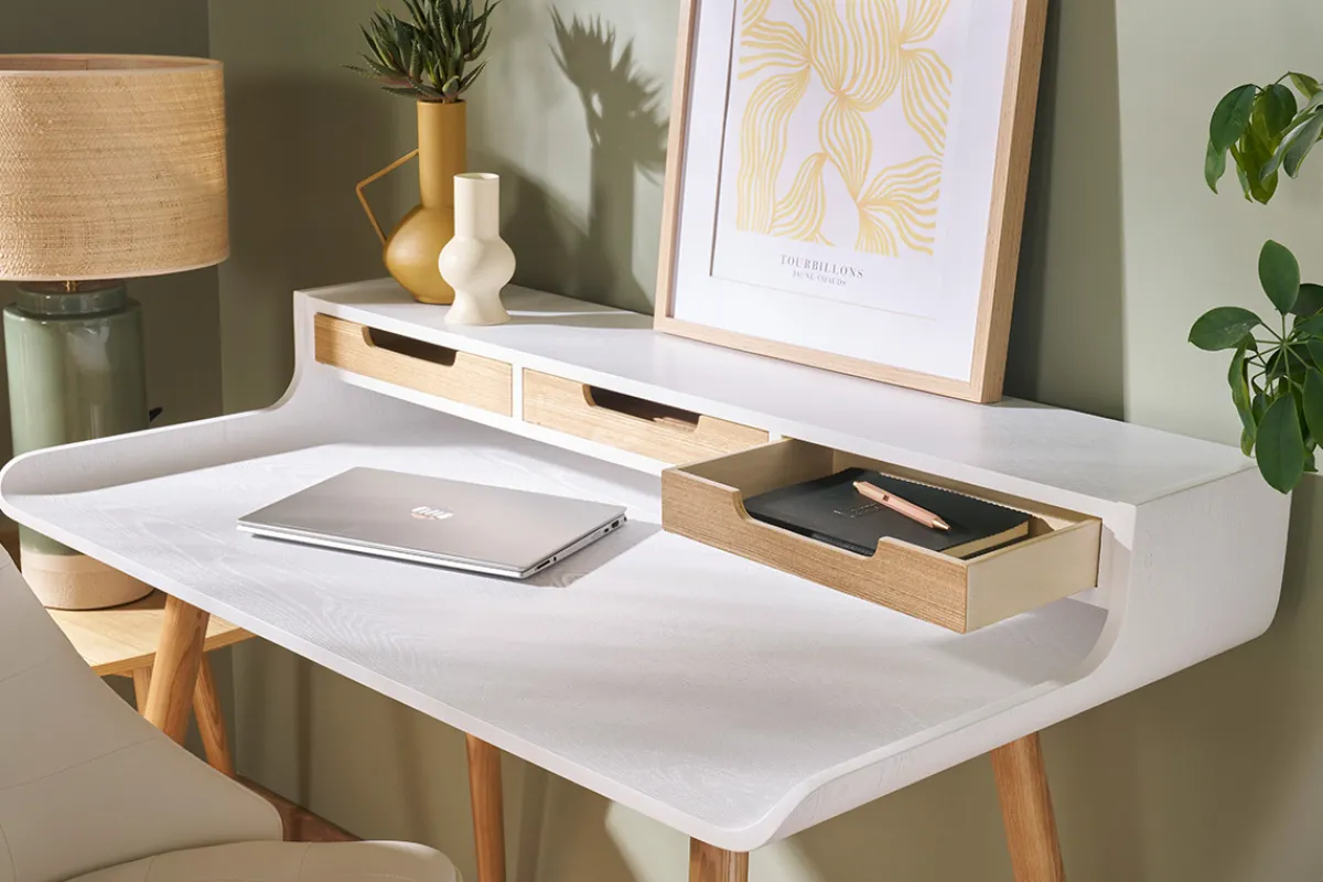 Miliboo Skandinavischer Schreibtisch weißes Holz mit Aufbewahrungsmöglichkeiten OPUS* Design-schreibtische