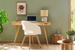 Miliboo Skandinavischer Stuhl aus weißem Stoff mit Bouclé-Wolleffekt und hellem Massivholz PRISMA* Design-stühle