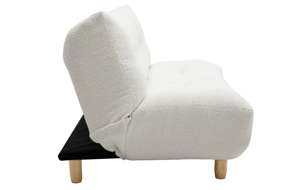 Miliboo Skandinavisches Schlafsofa aus weißem Stoff mit Bouclé-Wolleffekt und hellem Holz 3-Sitzer YUMI* Schlafsofas