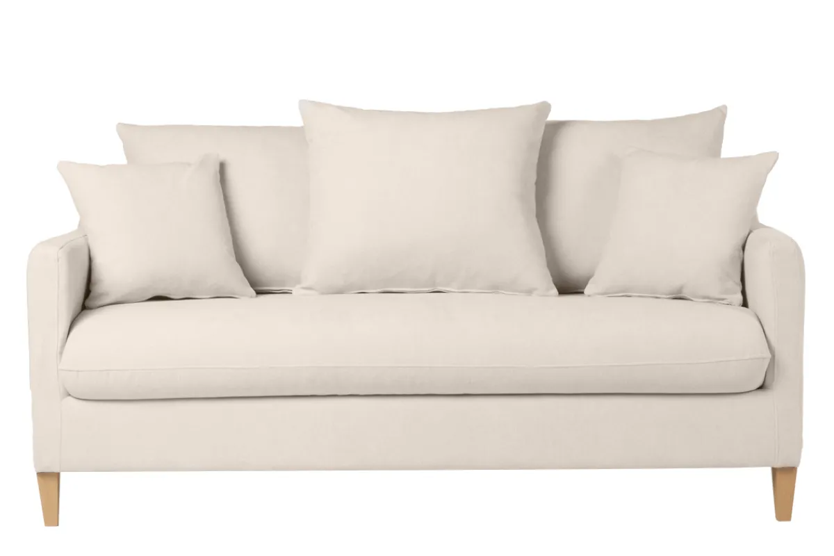 Miliboo Skandinavisches Schlafsofa aus beigem Stoff mit Samteffekt und hellem Holz 3-Sitzer LOUISE* Schlafsofas