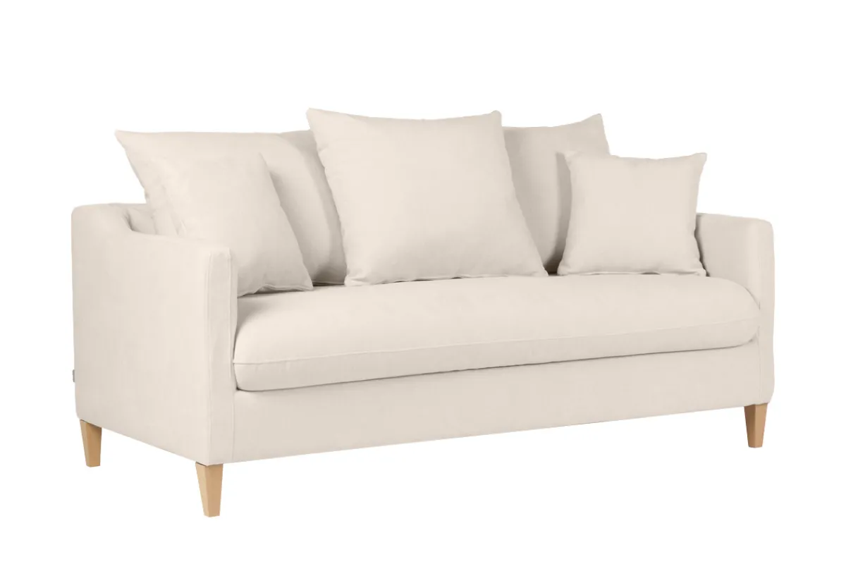 Miliboo Skandinavisches Schlafsofa aus beigem Stoff mit Samteffekt und hellem Holz 3-Sitzer LOUISE* Schlafsofas