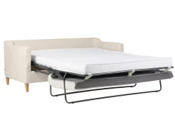 Miliboo Skandinavisches Schlafsofa aus beigem Stoff mit Samteffekt und hellem Holz 3-Sitzer LOUISE* Schlafsofas