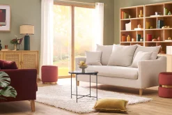 Miliboo Skandinavisches Schlafsofa aus beigem Stoff mit Samteffekt und hellem Holz 3-Sitzer LOUISE* Schlafsofas