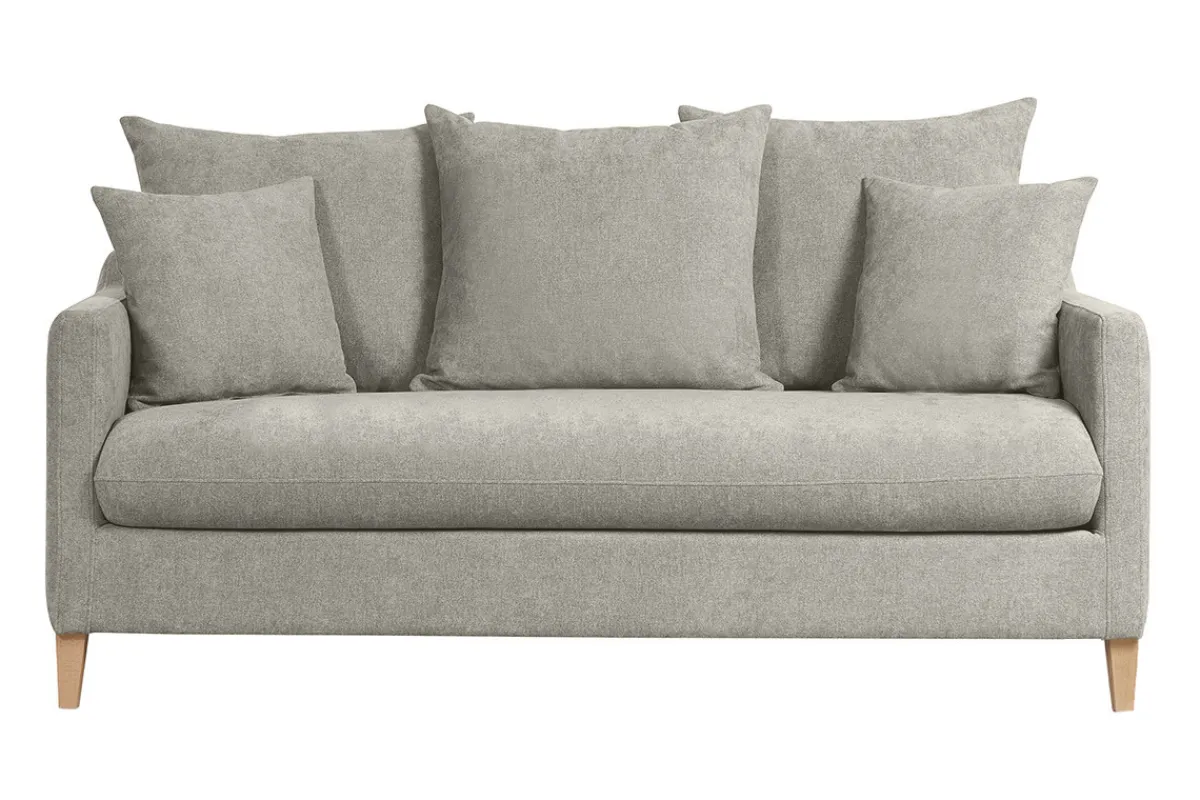 Miliboo Skandinavisches Schlafsofa aus taupefarbenem Stoff mit Samteffekt und hellem Holz 3-Sitzer LOUISE* Schlafsofas