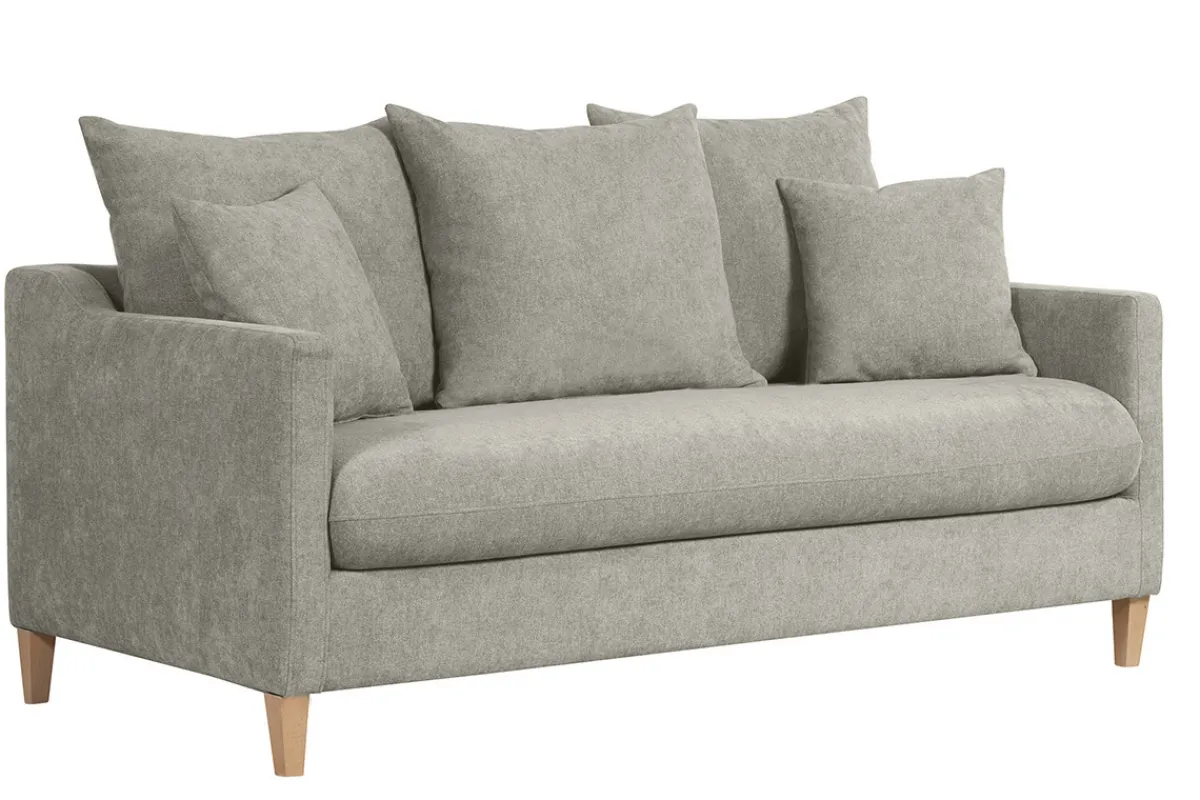 Miliboo Skandinavisches Schlafsofa aus taupefarbenem Stoff mit Samteffekt und hellem Holz 3-Sitzer LOUISE* Schlafsofas