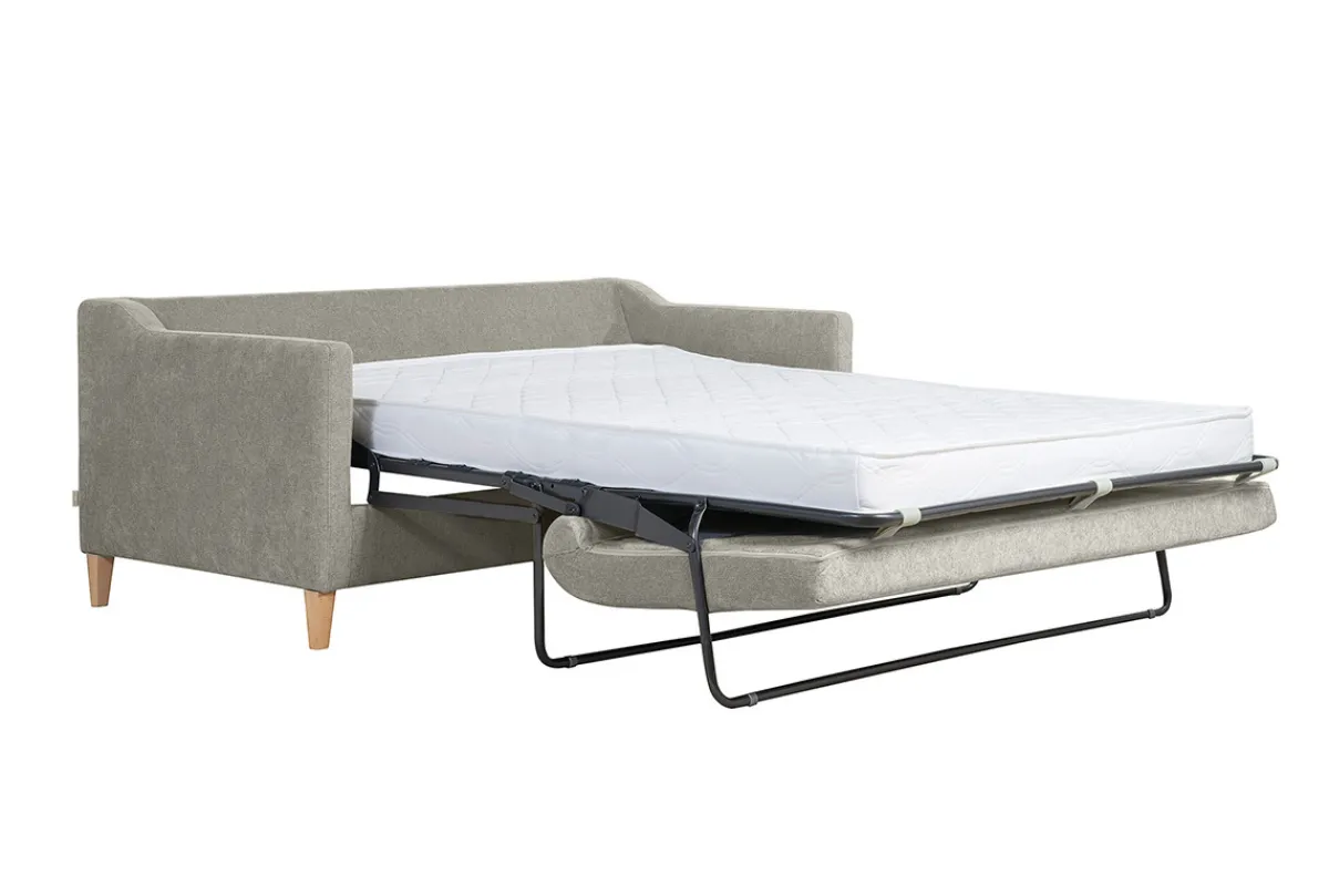 Miliboo Skandinavisches Schlafsofa aus taupefarbenem Stoff mit Samteffekt und hellem Holz 3-Sitzer LOUISE* Schlafsofas