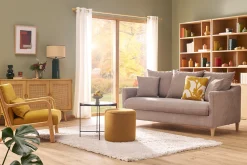Miliboo Skandinavisches Schlafsofa aus taupefarbenem Stoff mit Samteffekt und hellem Holz 3-Sitzer LOUISE* Schlafsofas