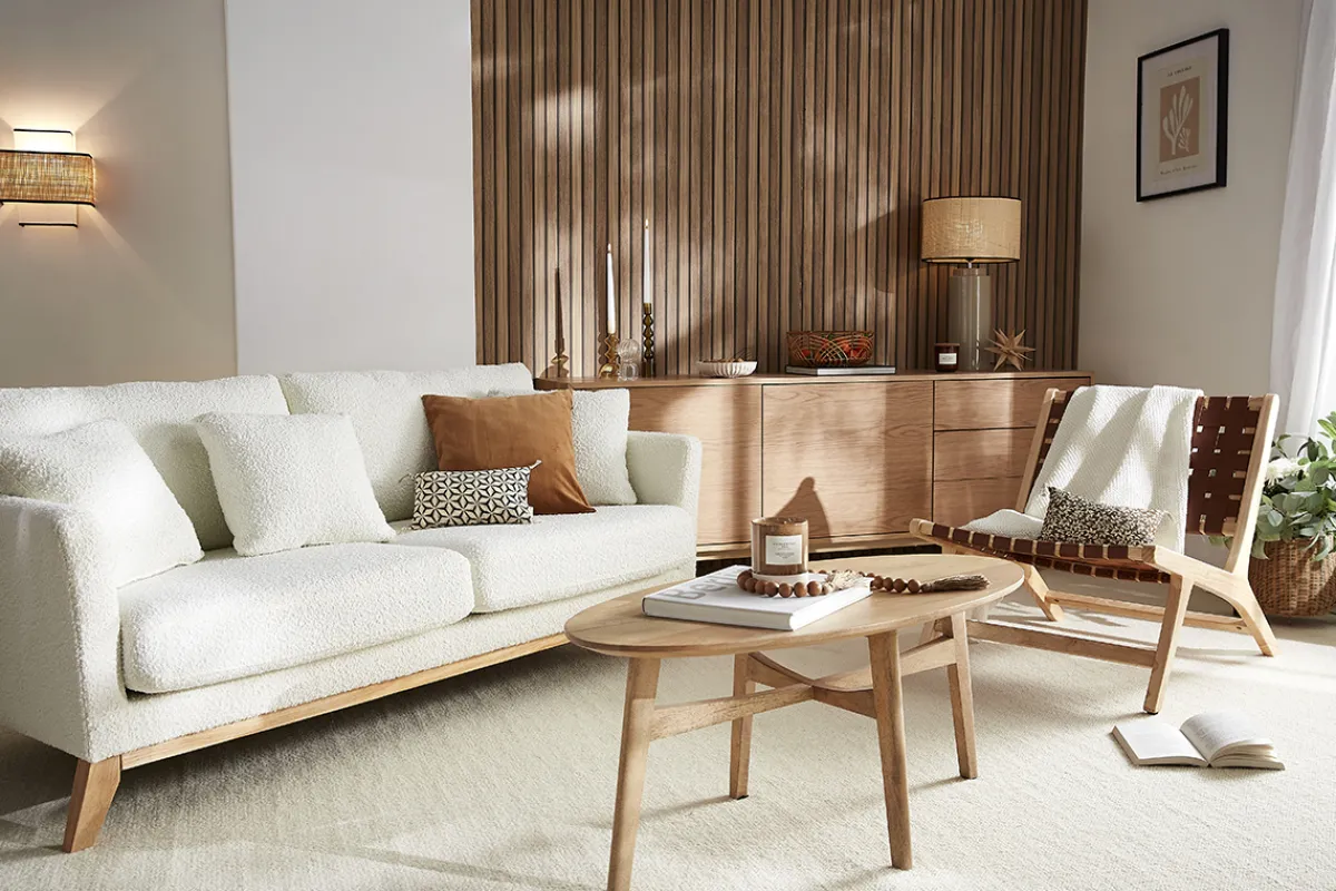 Miliboo Skandinavisches 3-Sitzer-Sofa mit abnehmbarem Bezug in Weiß mit Bouclé-Wolleffekt OSLO* Design-sofas