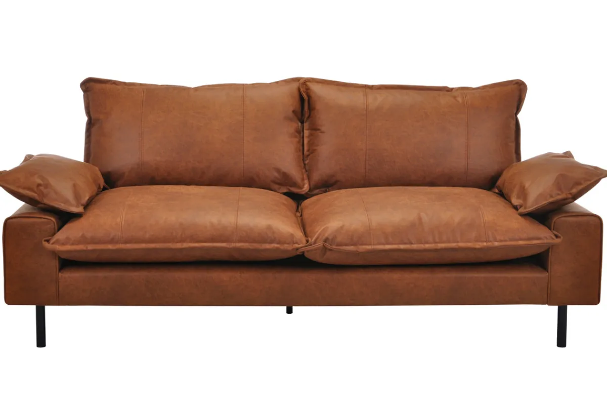 Miliboo Sofa aus Leder in Antikoptik in Cognacbraun und schwarzem Metall 3-Sitzer DORY* Ledersofas