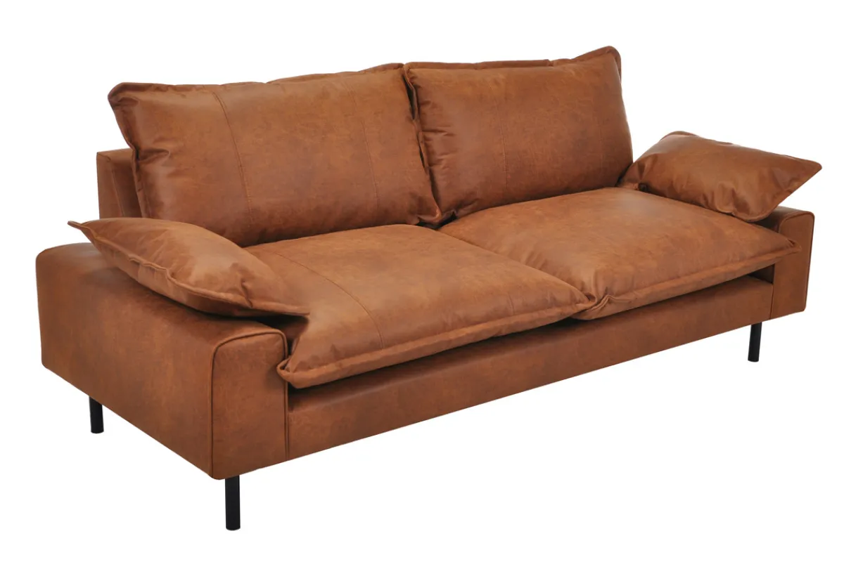 Miliboo Sofa aus Leder in Antikoptik in Cognacbraun und schwarzem Metall 3-Sitzer DORY* Ledersofas