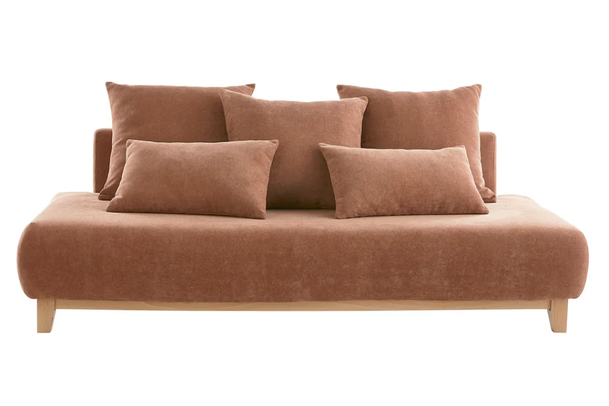 Miliboo Sofa aus terracottafarbenem Stoff mit Samteffekt und hellem Holz 3-Sitzer B200 cm ODEON* Design-sofas