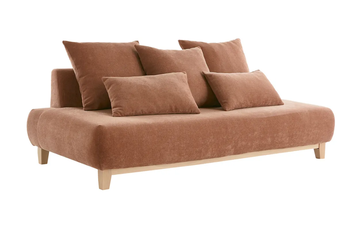 Miliboo Sofa aus terracottafarbenem Stoff mit Samteffekt und hellem Holz 3-Sitzer B200 cm ODEON* Design-sofas