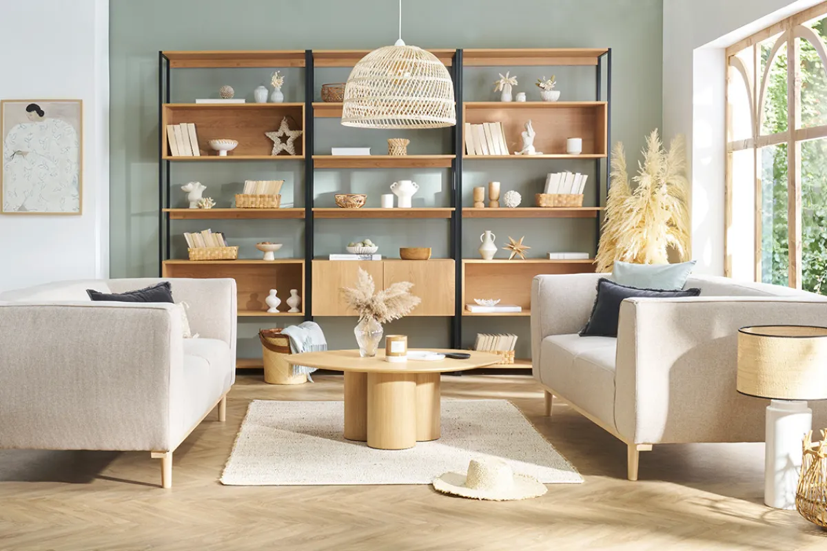 Miliboo Sofa beiger Stoff und Holz 2-3 Sitzer MORRIS* Design-sofas