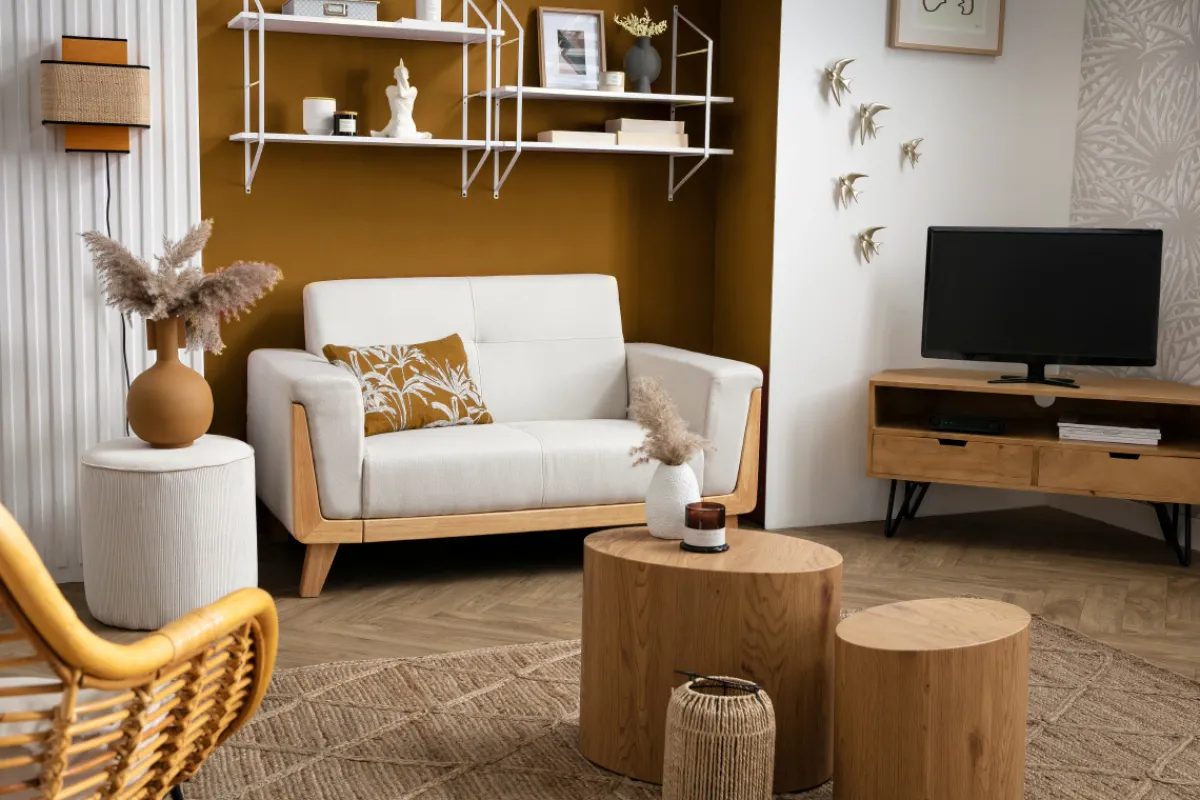 Miliboo Sofa skandinavisch 2 Plätze Altweiß Holzbeine FJORD* Design-sofas