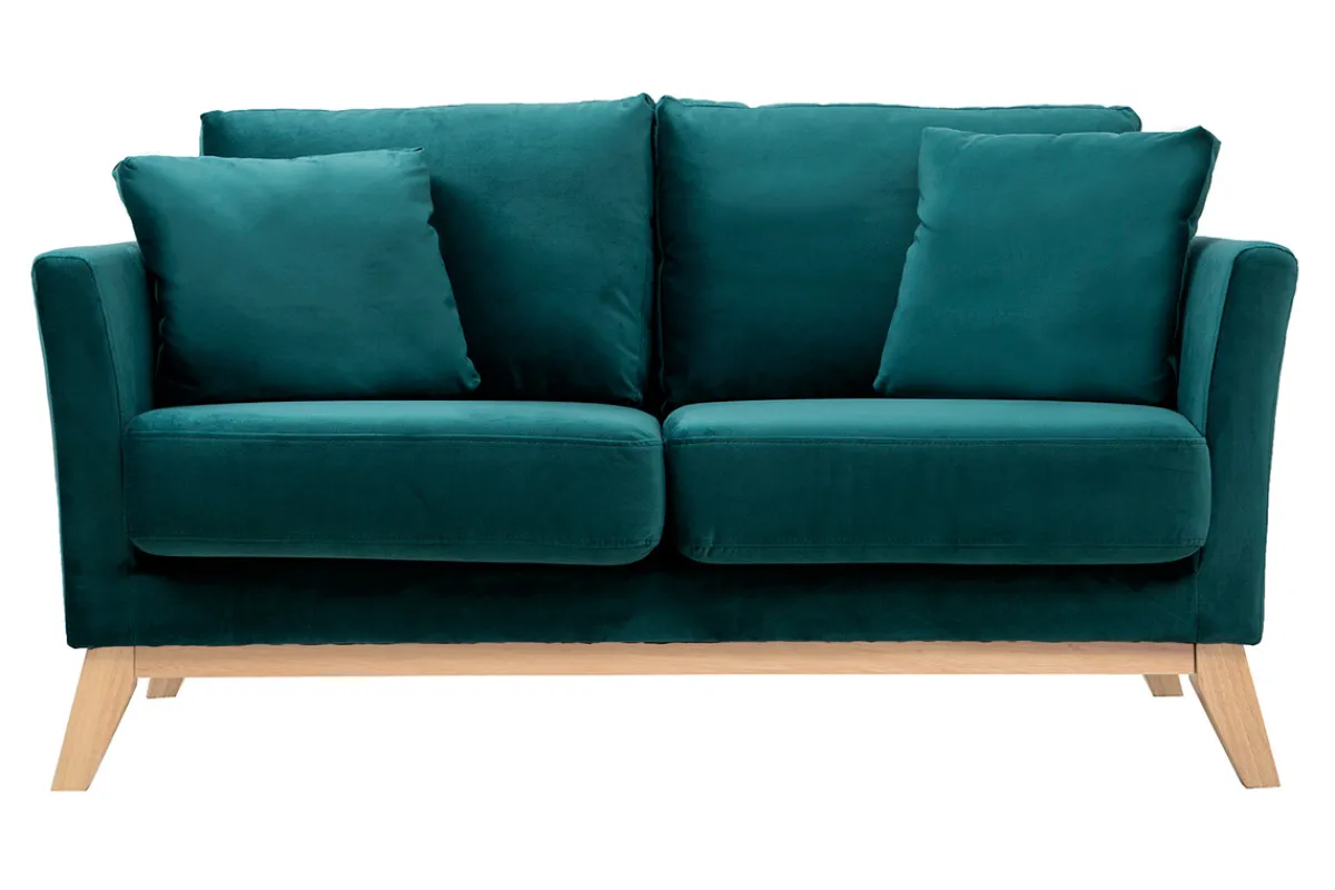 Miliboo Sofa skandinavisch 2 Plätze Samt Blaugrün helle Holzbeine OSLO* Design-sofas