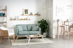 Miliboo Sofa skandinavisch 2 Plätze Samt Blaugrün helle Holzbeine OSLO* Design-sofas
