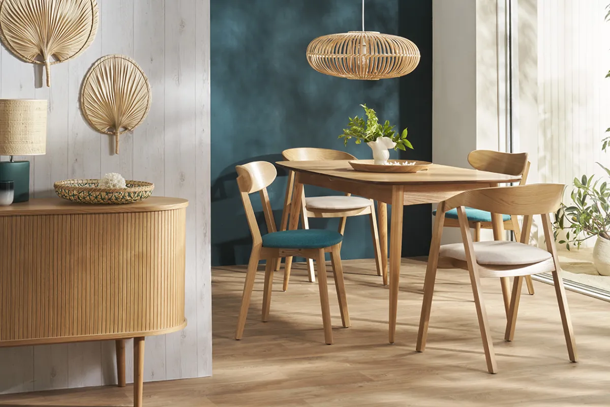 Miliboo Stühle im Eichen-Vintage und pfauenblaue Sitzfläche (2er-Set) DOVE* Design-stühle|Holzstühle