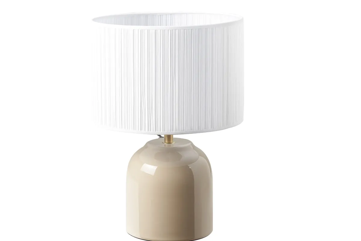 Miliboo Taupefarbene Tischlampe aus glänzender Keramik und Lampenschirm aus weißem Plissee-Stoff H35 cm PIEGA* Tischlampe|Tischlampe
