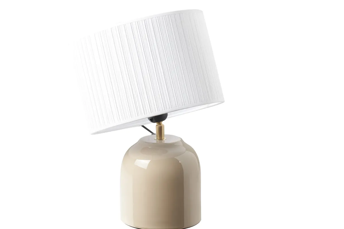 Miliboo Taupefarbene Tischlampe aus glänzender Keramik und Lampenschirm aus weißem Plissee-Stoff H35 cm PIEGA* Tischlampe|Tischlampe