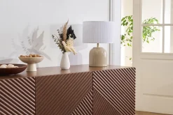 Miliboo Taupefarbene Tischlampe aus glänzender Keramik und Lampenschirm aus weißem Plissee-Stoff H35 cm PIEGA* Tischlampe|Tischlampe