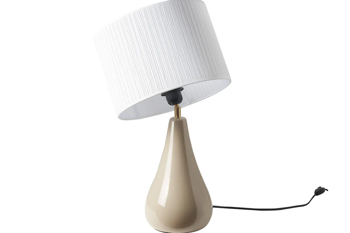 Miliboo Taupefarbene Tischlampe aus glänzender Keramik und Lampenschirm aus weißem Plissee-Stoff H49 cm TROIA* Tischlampe|Tischlampe