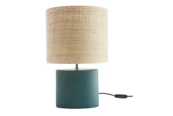 Miliboo Tischleuchte aus Keramik in Petrolblau mit Lampenschirm aus naturfarbenem Bast H40 cm TIGA* Tischlampe|Tischlampe