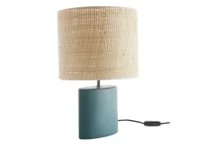 Miliboo Tischleuchte aus Keramik in Petrolblau mit Lampenschirm aus naturfarbenem Bast H40 cm TIGA* Tischlampe|Tischlampe