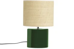 Miliboo Tischleuchte aus Keramik in dunklem Grün mit Lampenschirm aus naturfarbenem Bast H40 cm TIGA* Tischlampe|Tischlampe