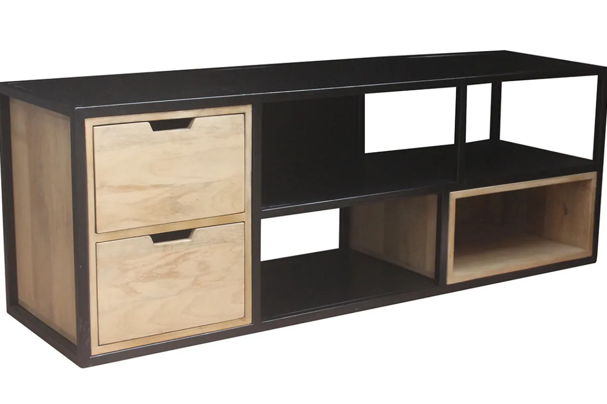 Miliboo TV Möbelstück JAIPUR aus massivem Mangoholz und schwarzem Metall* Tv-lowboards