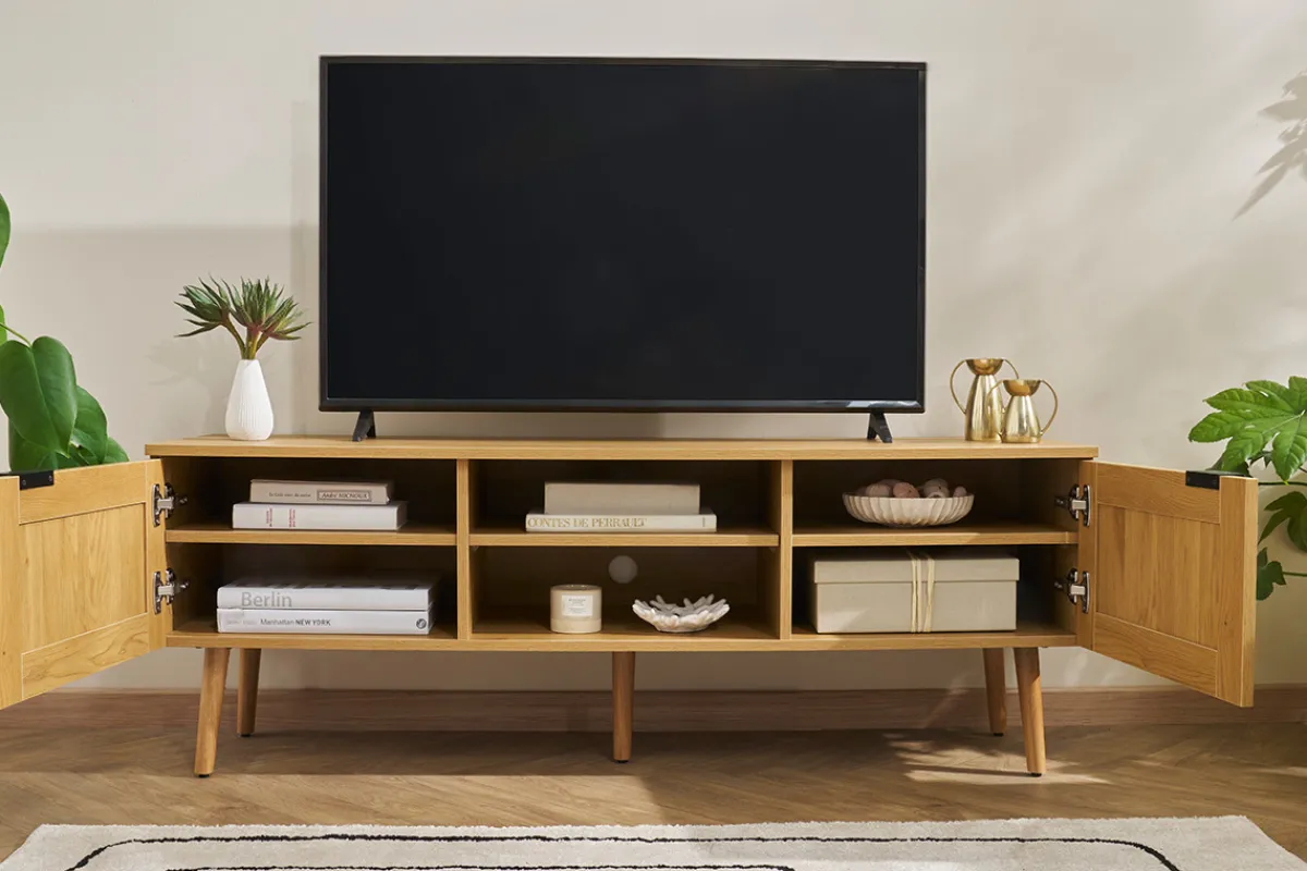 Miliboo TV-Möbel aus hellem Holz, Rattangeflecht und schwarzem Metall L140cm MANILLE* Tv-lowboards