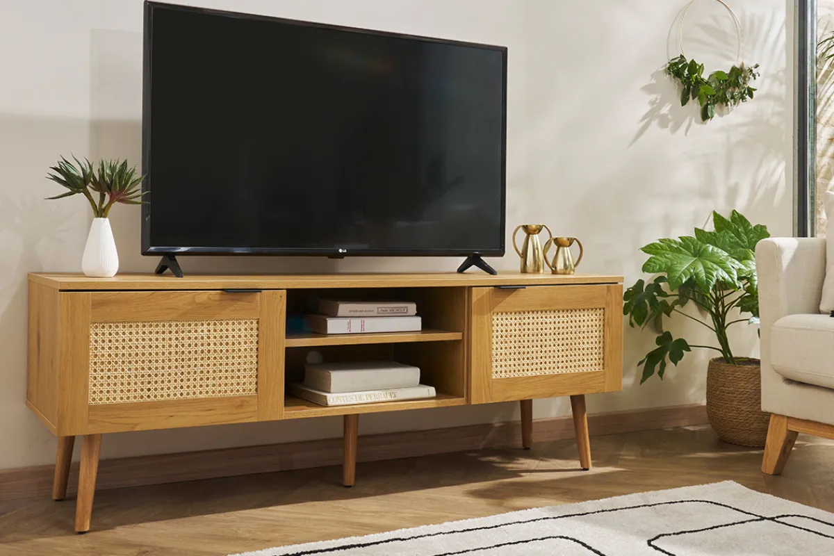Miliboo TV-Möbel aus hellem Holz, Rattangeflecht und schwarzem Metall L140cm MANILLE* Tv-lowboards