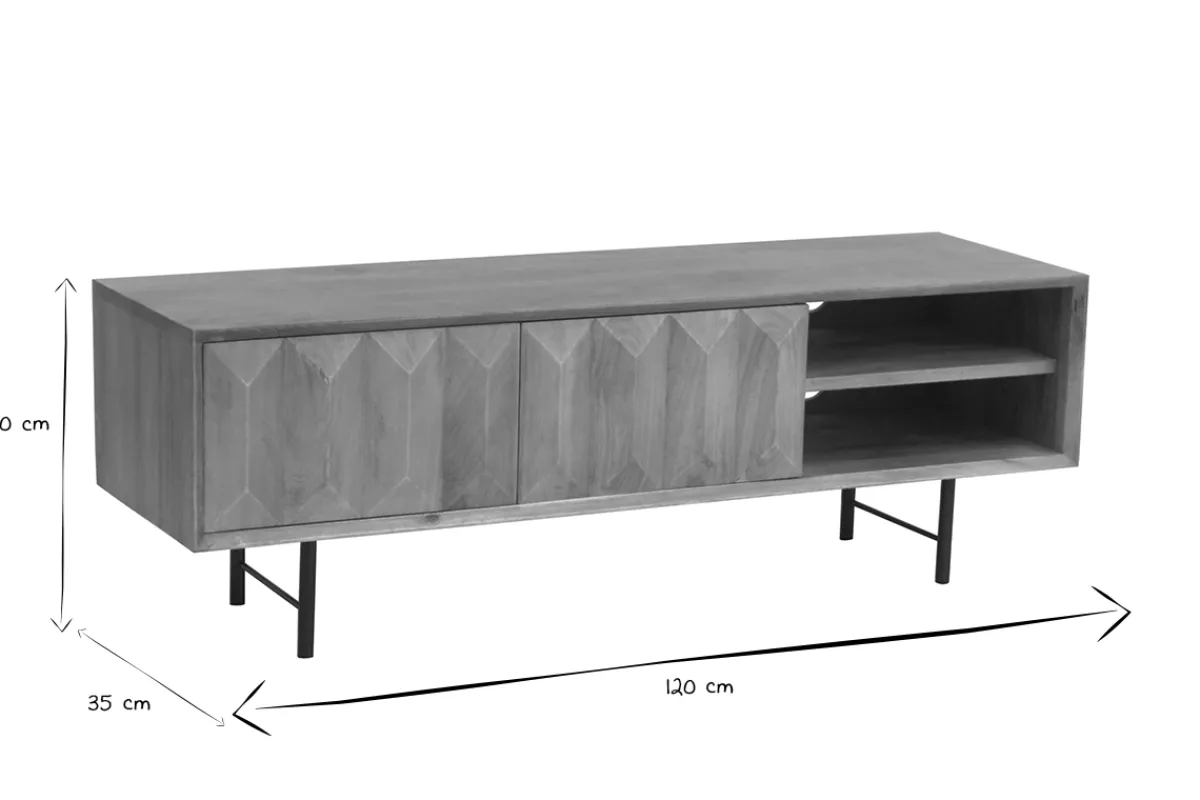 Miliboo TV-Möbel aus hellem massivem Mangoholz mit Relief und schwarzem Metall B120 cm AGRA* Tv-lowboards