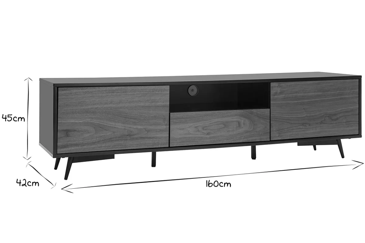 Miliboo TV-Möbel mattschwarz Walnussfurnier mit 2 Türen und 1 Schublade B160 cm MERMOZ* Tv-lowboards