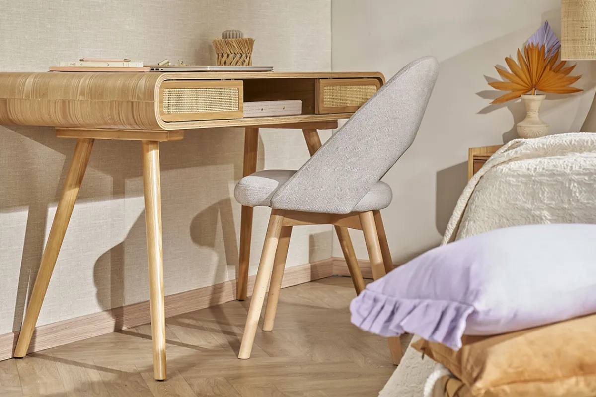 Miliboo Vintage-Schreibtisch mit Aufbewahrung aus hellem Holz und Rohrgeflecht B120 cm OLYMPE* Design-schreibtische